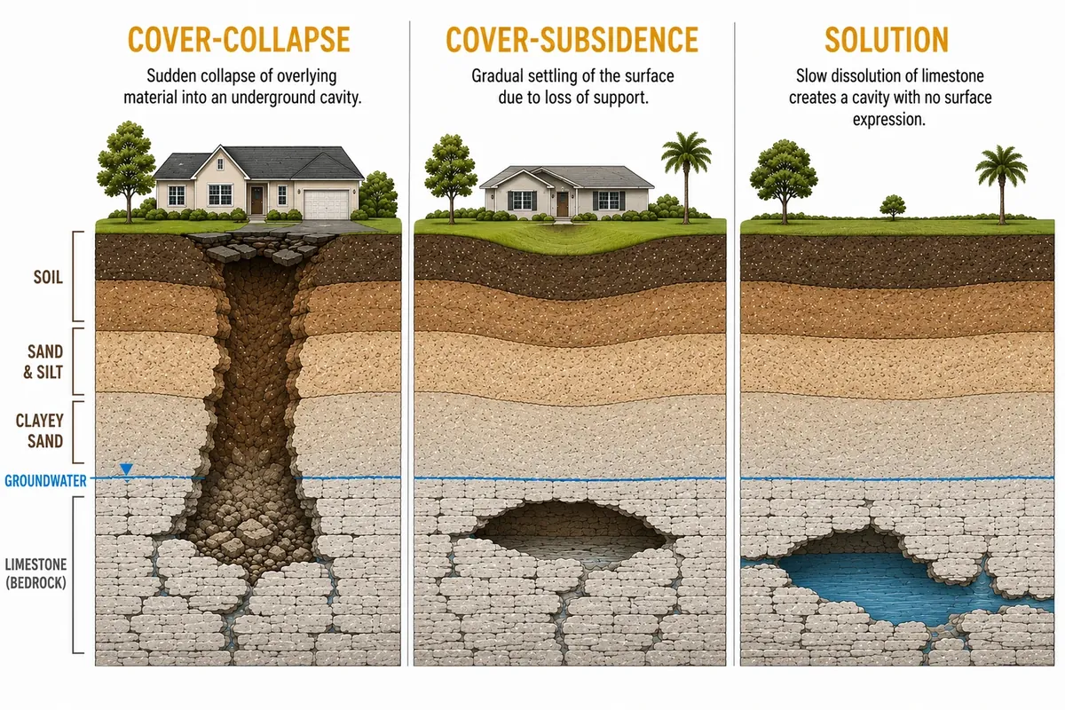 Cross-section comparing cover-collapse, cover-subsidence, and solution sinkholes in Florida limestone