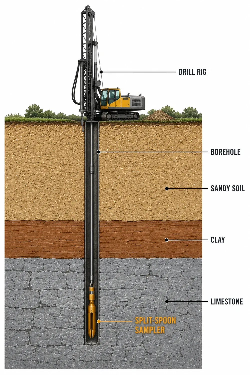 Standard Penetration Test boring: drill rig, split-spoon sampler, and blow counts by depth