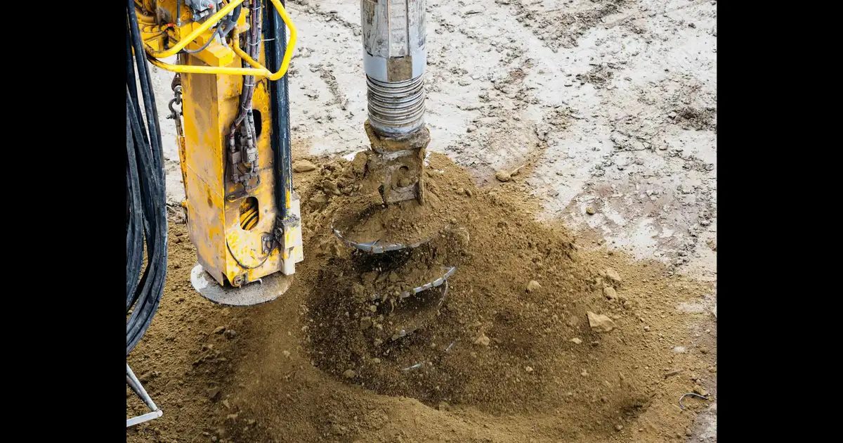 Close-up of a geotechnical drill rig auger boring into Florida soil